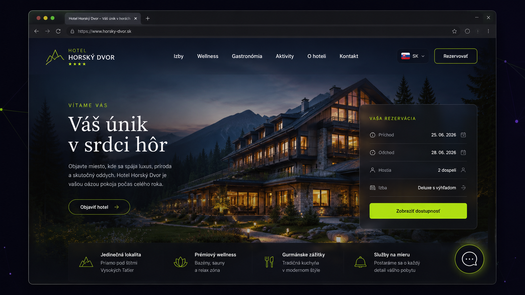 Hotelový web so zatvorenou AI chatbot bublinkou